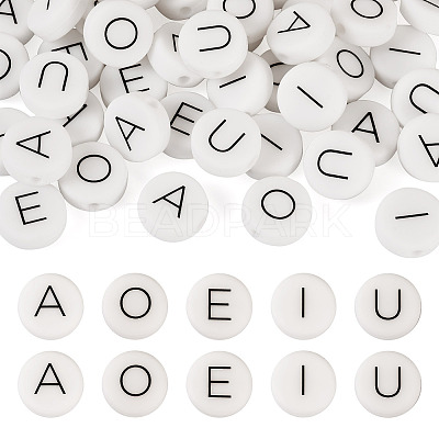 50Pcs 5 Style White Flat Round with Black Letter Silicone Beads SIL-TA0001-49-1