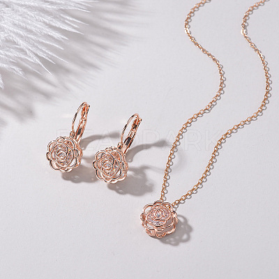 Hollow Rose Metal Cubic Zirconia Pendants Necklaces and Earrings Sets for Women FS-WG5C958-01-1