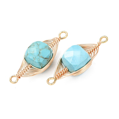 Natural Turquoise Faceted Cube Links Connector Charms with Copper Herringbone Wire-Wrapped KK-Z152-06G-01B-1