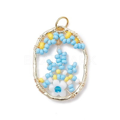 Glass Seed Beaded Oval with Flower Pendants PALLOY-MZ01061-02-1