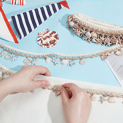 Polyester with Resin Shell Shape & Starfish Charm Lace Ribbon OCOR-WH0078-398-1-1