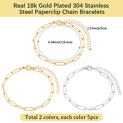 10Pcs 2 Colors 304 Stainless Steel Paperclip Chain Bracelets BJEW-BBC0001-21-1