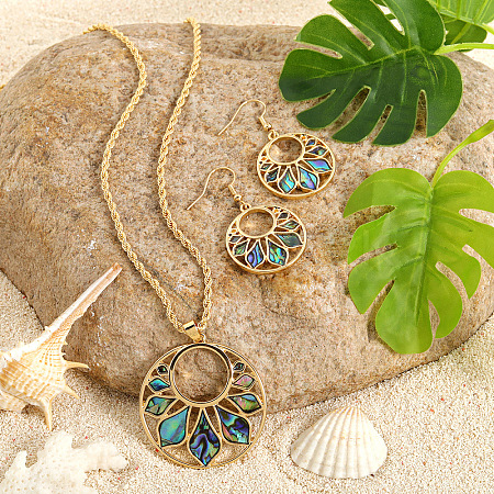 Alloy & Natural Abalone/Paua Shell Pendant Necklaces & Dangle Earrings Sets WGD5CF5-04-1