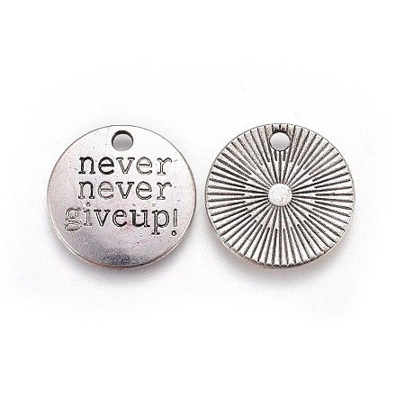 Tibetan Style Alloy Flat Round Carved Word Never Give Up Pendants LS-TIBEP-12585-AS-NR-1