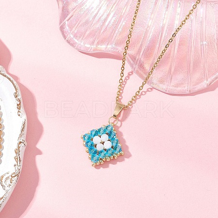 Natural Rainbow Moonstone and Handmade Glass Beaded Rhombus Pendant 304 Stainless Steel Cable Chain Necklaces NJEW-MZ00124-03-1