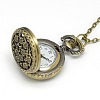 Alloy Flat Round with Flower Pendant Necklace Pocket Watch WACH-N011-56-4
