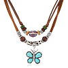 Alloy & Synthetic Turquoise Pendant Porcelain & Wood Beaded Waxed Cord Double Layer Adjustable Necklaces for Men FS-WG67B4F-01-2