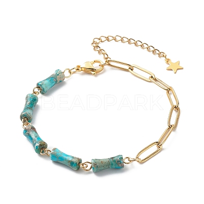 Natural Imperial Jasper(Dyed) Bamboo Joint Beaded Bracelet with Golden 304 Stainless Steel Chains for Women BJEW-JB09028-1