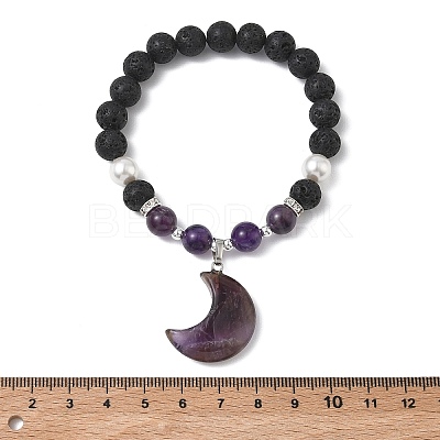 Natural Amethyst & Lava Rock & Shell Pearl Charm Bracelets BJEW-JB13705-02-1