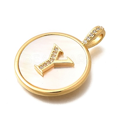 Rack Plating Brass Micro Pave Clear Cubic Zirconia Pendants with Shell KK-M309-42G-Y-1