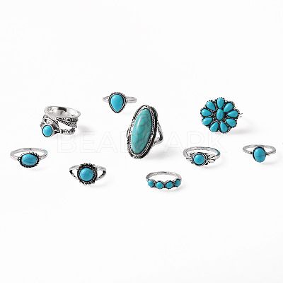 9Pcs Alloy with Synthetic Turquoise Finger Rings FS-WG21963-01-1