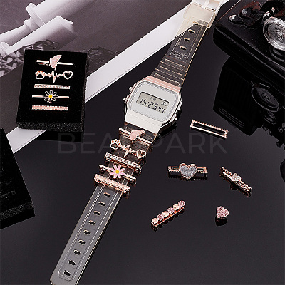 15Pcs 15 Style Heart & Flower & Word & Butterfly Crystal Rhinestone Watch Band Charms Set FIND-PH0007-69-1