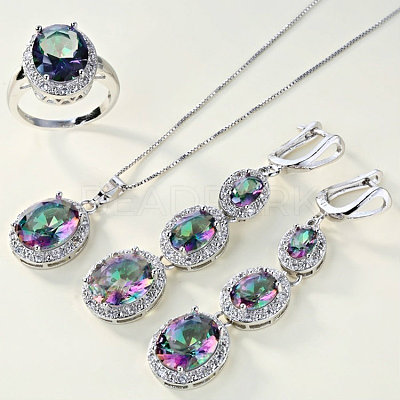 Oval Alloy Colorful Cubic Zirconia Pendant Necklaces & Hoop Earrings & Rings Sets FS-WG3A4EE-01-1