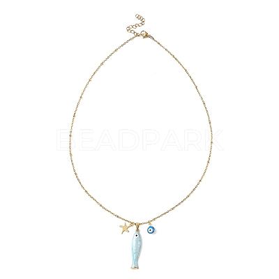 Brass Enamel Evil Eye & 304 Stainless Steel Fish Charms 304 Stainless Steel Chains Necklaces for Women NJEW-JN06382-01-1