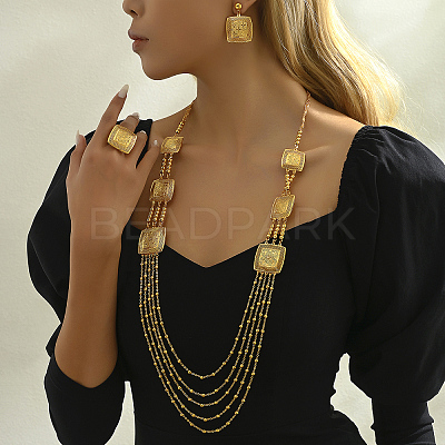 Bohemian Iron Hollow Square Multi-layer Necklaces & Stud Earrings & Cuff Rings Set for Women WD7231-1