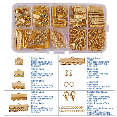 Jewelry Basics Class Kit Gold Lobster Clasp Jump Rings Alloy Drop End Pieces Ribbon Ends Twist Extender Chains Mix 10 Style Lots in In A Box FIND-PH0003-01G-1