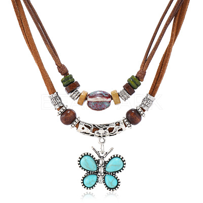 Alloy & Synthetic Turquoise Pendant Porcelain & Wood Beaded Waxed Cord Double Layer Adjustable Necklaces for Men FS-WG67B4F-01-1
