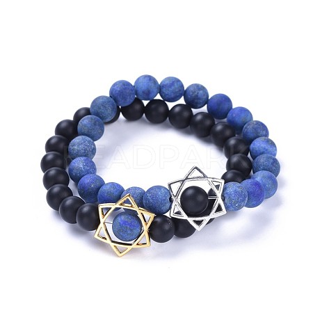 Natural Black Agate(Dyed) Bead and Natural Lapis Lazuli(Dyed & Heated) Bead Stretch Bracelet Sets BJEW-JB04298-03-1