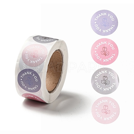 Flat Round Rose Pattern Thank You Paper Stickers Roll X-DIY-D078-10-1