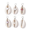 6Pcs 6 Styles Natural Cowrie Shell Copper Wire Wrapped Star & Heart & Round Pendants PALLOY-JF02938-1