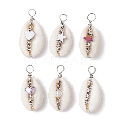 6Pcs 6 Styles Natural Cowrie Shell Copper Wire Wrapped Star & Heart & Round Pendants PALLOY-JF02938-1