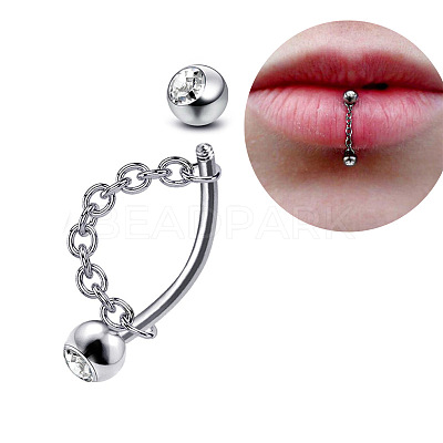 304 Stainless Steel Crystal Rhinestone Curved Barbell Lip Rings with Chains FS-WG77CC5-05-1