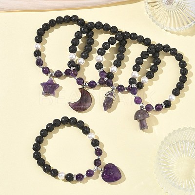 Natural Amethyst & Lava Rock & Shell Pearl Charm Bracelets BJEW-JB13705-1