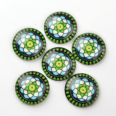 Dome/Half Round with Flower Pattern Luminous Flat Back Glass Cabochons for DIY Projects GGLA-L010-18mm-04C-1