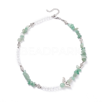 Natural Green Aventurin Chip Beaded Necklace with Wing NJEW-TA00022-02-1