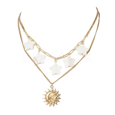 304 Stainless Steel Moon Sun & Natural Freshwater Shell Star Pendant Double Layer Necklaces for Women NJEW-JN05404-1