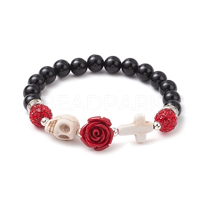 Halloween Dyed & Heated Natural Black Onyx & Synthetic Turquoise Beaded Stretch Bracelets for Women X1-BJEW-TA00665-1