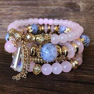 4Pcs 4 Styles Bohemian Style Alloy Glass Round Beaded Stretch Bracelets FS-WG80D8B-05-1