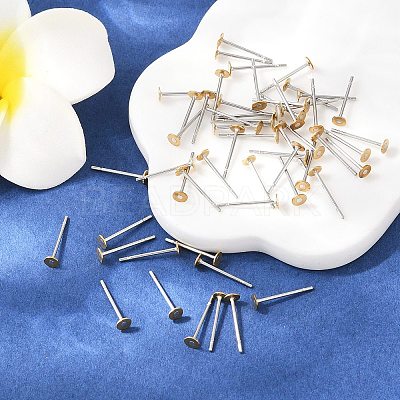 304 Stainless Steel Stud Earring Settings with Flat Round Brass Head X-STAS-R073-01-1