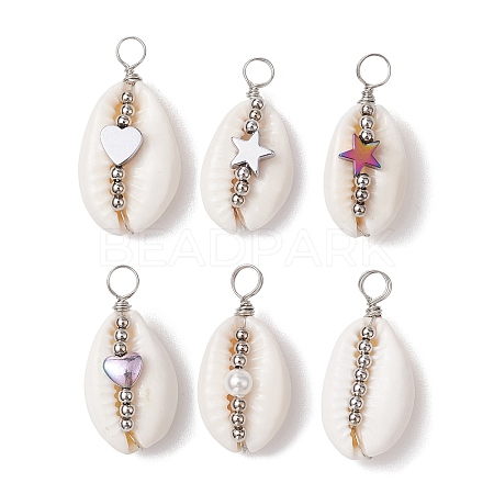 6Pcs 6 Styles Natural Cowrie Shell Copper Wire Wrapped Star & Heart & Round Pendants PALLOY-JF02938-1