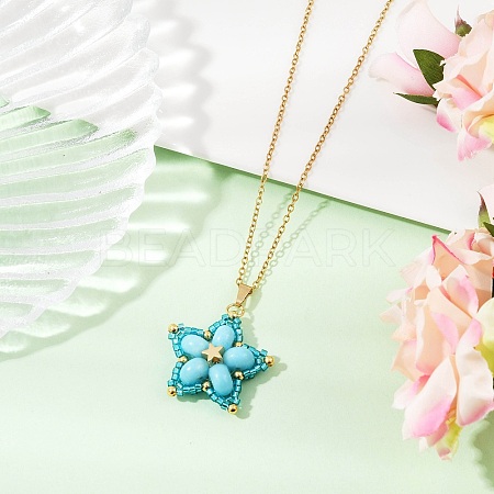 Handmade Glass Seed Beaded and Synthetic Imperial Jasper Dyed Beads Star Pendant Necklaces for Women NJEW-MZ00114-01-1