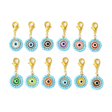 12Pcs 12 Colors Flat Round with Evil Eye Resin & Glass Seed Pendant Decorations HJEW-MZ00094-1