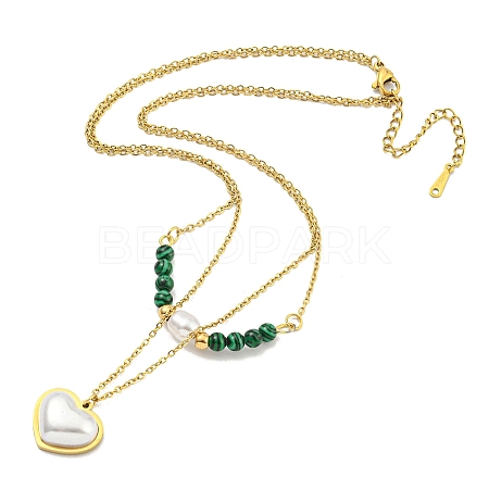 Ion Plating(IP) 201 Stainless Steel & Synthetic Malachite Double Layer Necklaces NJEW-K270-17G-1