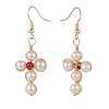 Natural Shell & Red Agate Braided Cross Dangle Earrings EJEW-JE04954-04-2