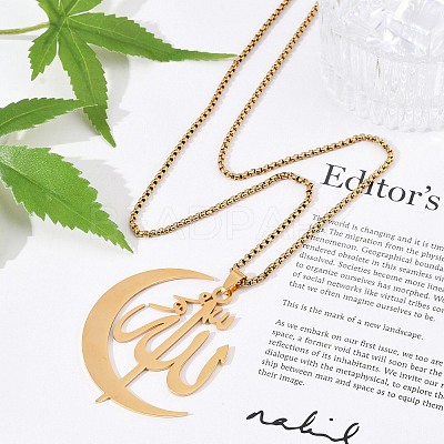 201 Stainless Steel Moon & Arabic Pendants Box Chain Necklaces for Women Men NJEW-R013-02G-1