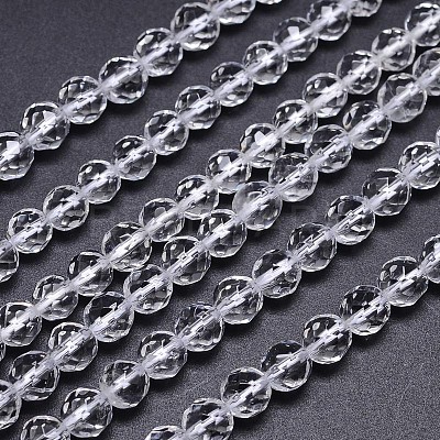 Faceted(64 Facets) Natural Quartz Crystal Round Beads Strands G-L411-34-6mm-1