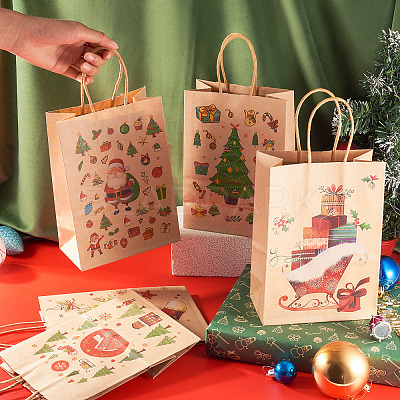 8Pcs 8 Styles Christmas Theme Printed Kraft Paper Bags with Handles ABAG-TA0001-59-1