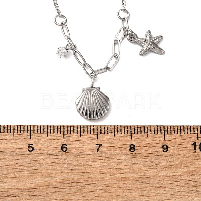 Shell Shape & Starfish 304 Stainless Steel Rhinestone Pendant Necklaces for Women NJEW-M107-02P-1
