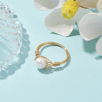 Natural Pearl Round Braided Bead Style Rings RJEW-JR00608-1