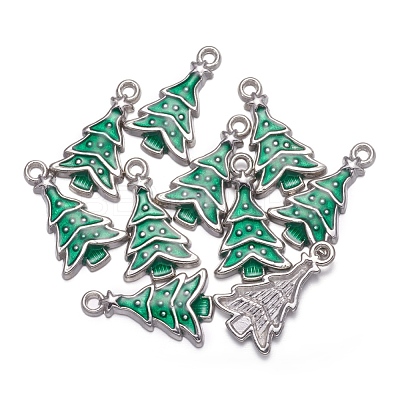 Medium Sea Green Christmas Tree Enamel Alloy Pendants X-EAP0307Y-1