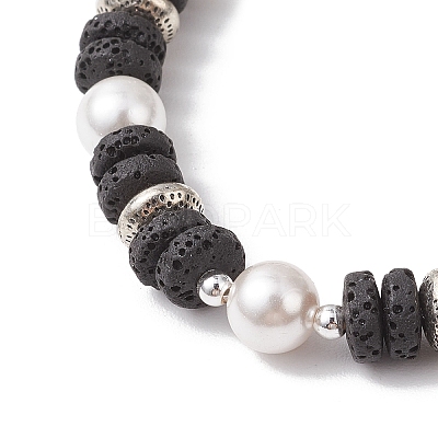 Flat Round Natural Lava Rock & Shell Pearl Beaded Stretch Bracelets for Women BJEW-JB12140-01-1