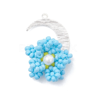 Glass Seed Beaded Moon & Flower Pendants PALLOY-MZ01185-02-1