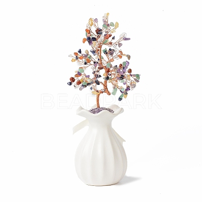 Natural Gemstone Chips with Brass Wrapped Wire Money Tree on Ceramic Vase Display Decorations DJEW-B007-01D-1