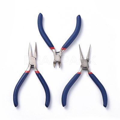 Set of 3 Jewelry Making Supplies Craft DIY Pliers Tool Set Flat Nosed Round Nosed Wire Cutter Pliers Blue TOOL-YW0001-07-1