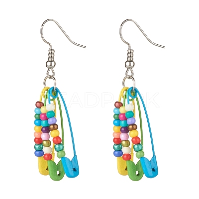 Glass Seed Beaded Safety Pins Long Dangle Earrings EJEW-JE04715-1