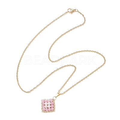 3Pcs 3 Colors Natural Rainbow Moonstone and Handmade Glass Beaded Rhombus Pendant 304 Stainless Steel Cable Chain Necklaces NJEW-MZ00124-1